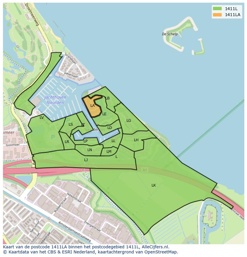 Afbeelding van het postcodegebied 1411 LA op de kaart.