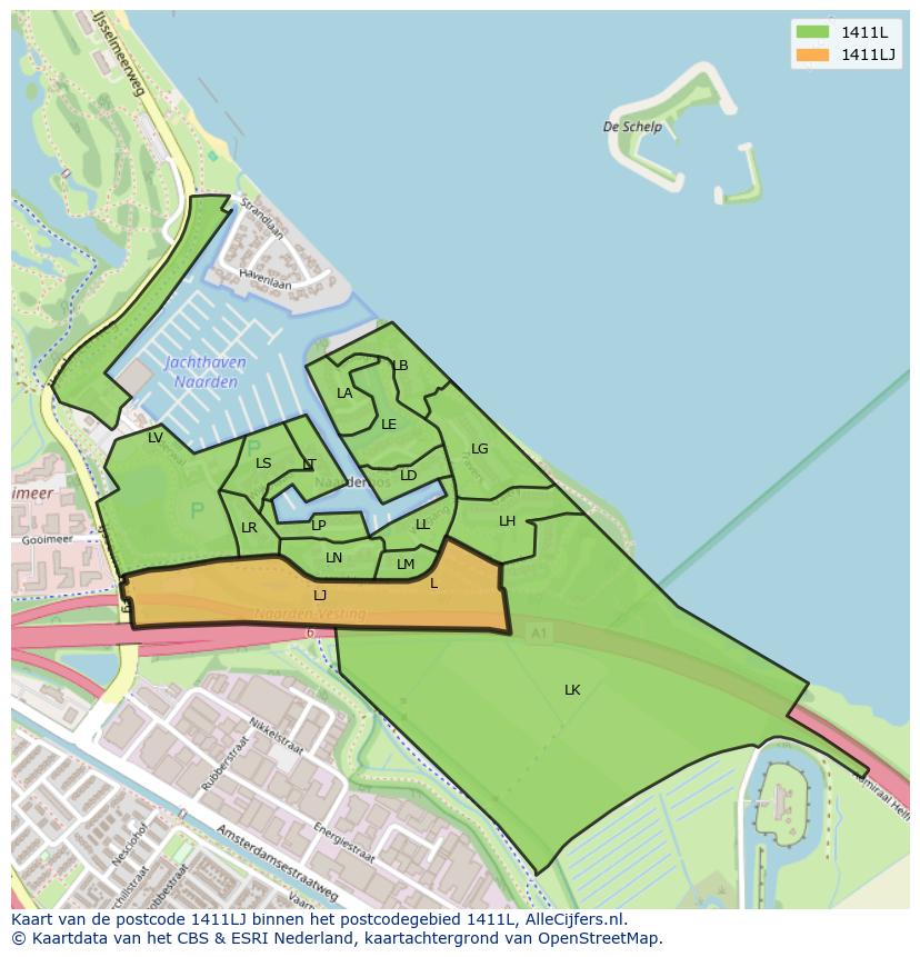 Afbeelding van het postcodegebied 1411 LJ op de kaart.
