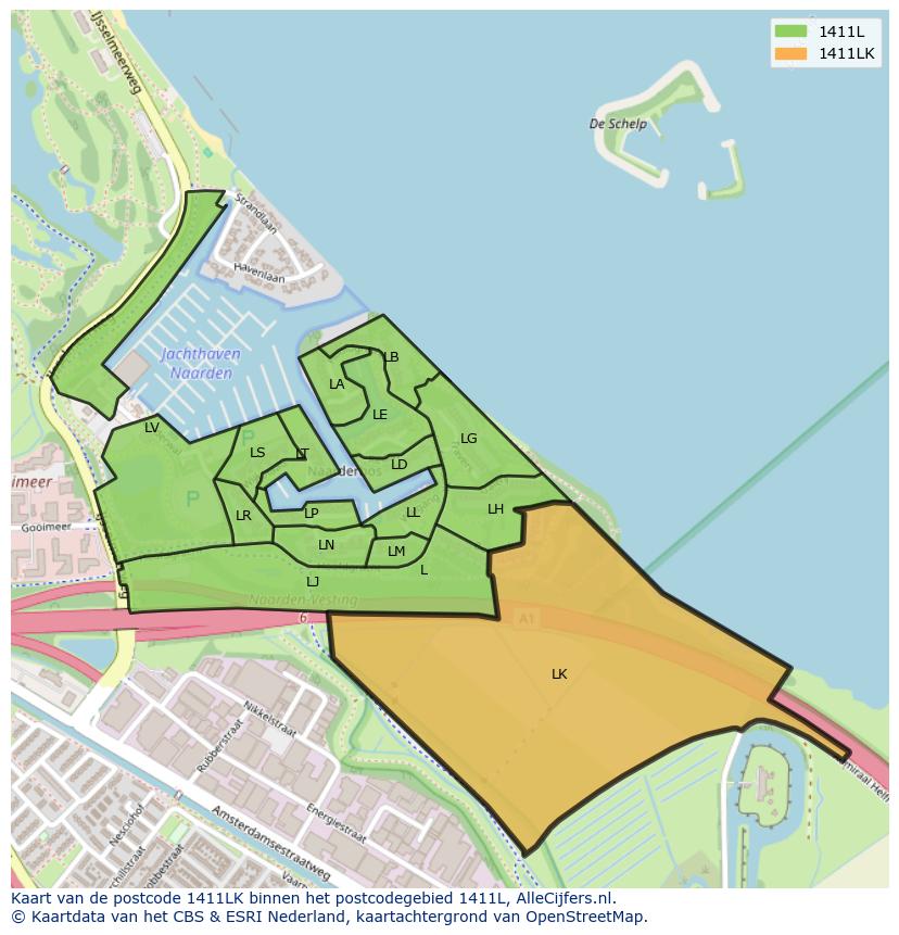 Afbeelding van het postcodegebied 1411 LK op de kaart.
