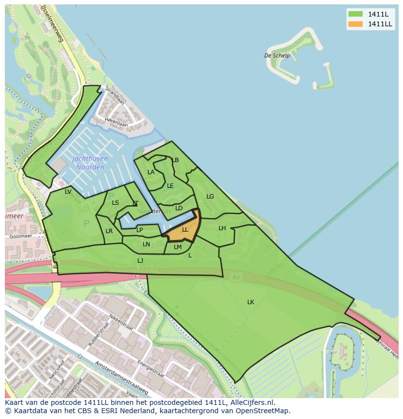 Afbeelding van het postcodegebied 1411 LL op de kaart.