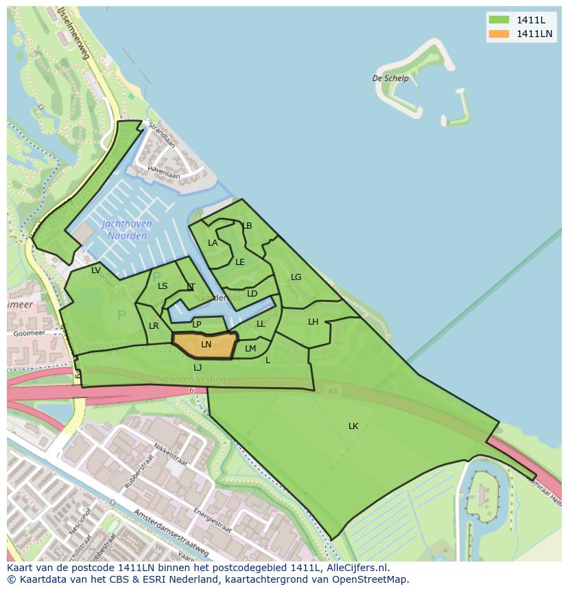Afbeelding van het postcodegebied 1411 LN op de kaart.
