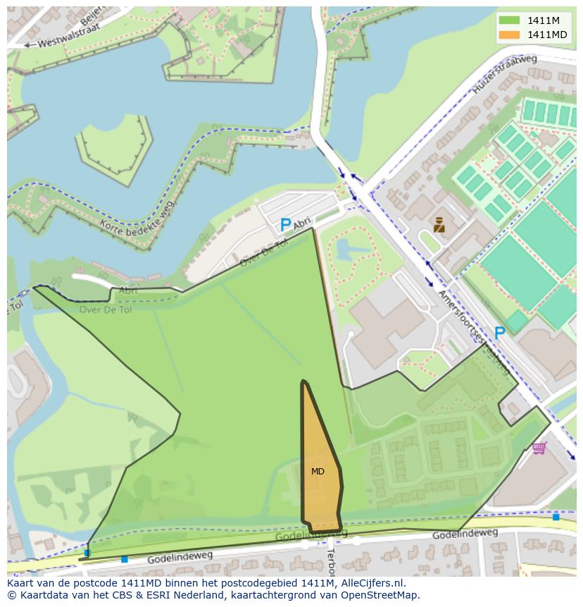 Afbeelding van het postcodegebied 1411 MD op de kaart.