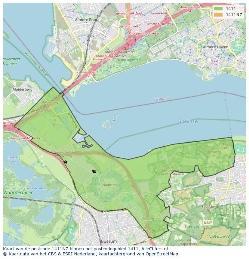 Afbeelding van het postcodegebied 1411 NZ op de kaart.