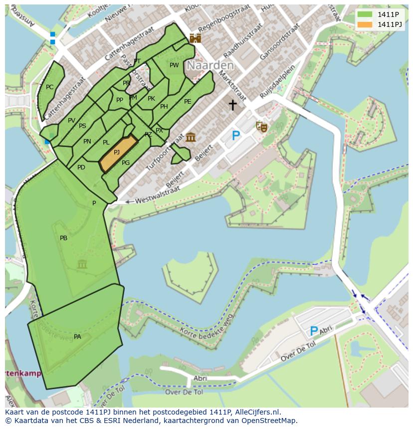 Afbeelding van het postcodegebied 1411 PJ op de kaart.