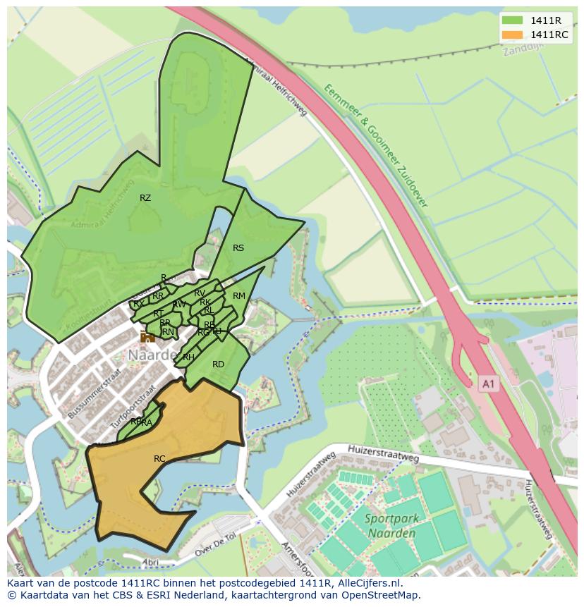 Afbeelding van het postcodegebied 1411 RC op de kaart.