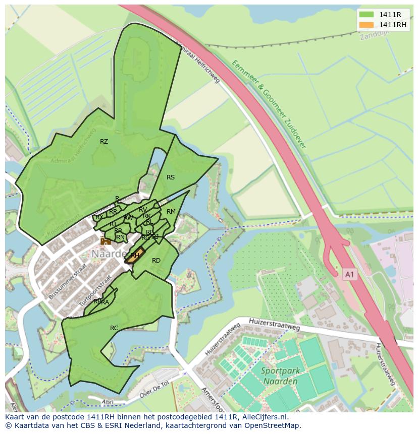 Afbeelding van het postcodegebied 1411 RH op de kaart.