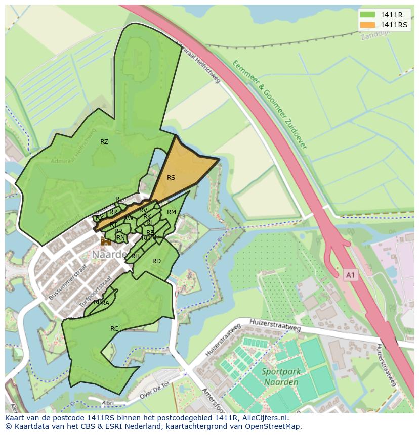 Afbeelding van het postcodegebied 1411 RS op de kaart.