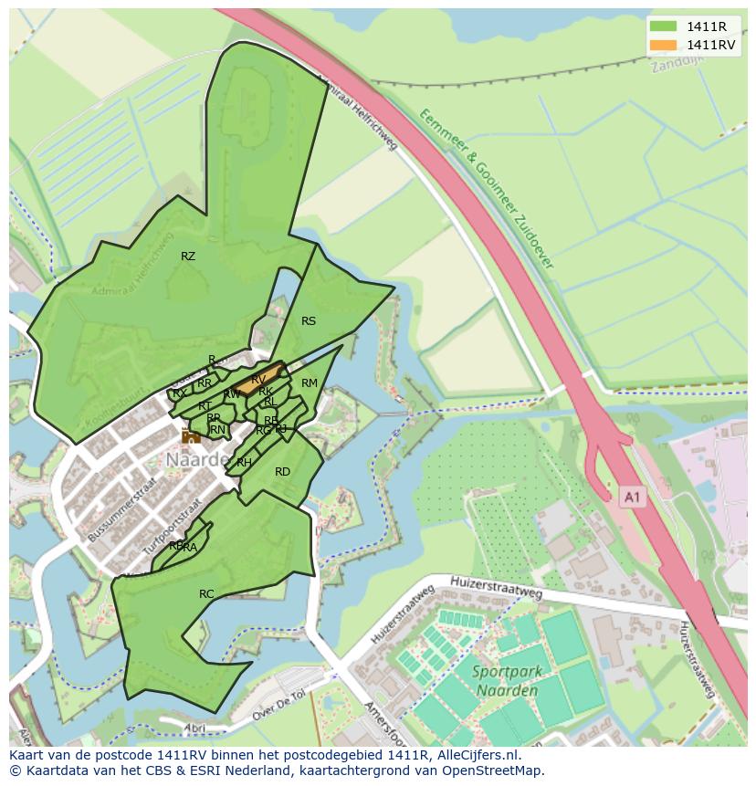 Afbeelding van het postcodegebied 1411 RV op de kaart.