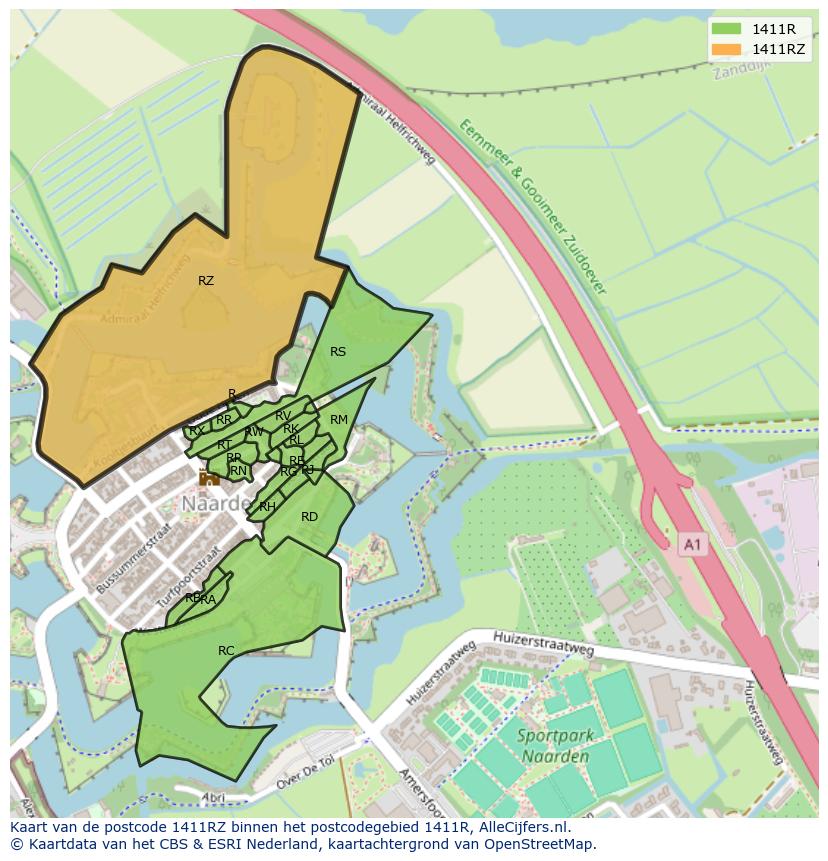 Afbeelding van het postcodegebied 1411 RZ op de kaart.