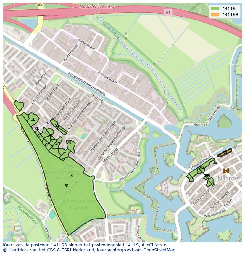 Afbeelding van het postcodegebied 1411 SB op de kaart.