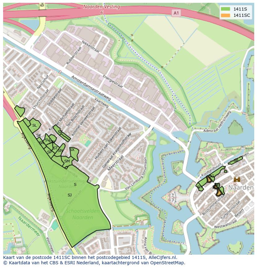 Afbeelding van het postcodegebied 1411 SC op de kaart.