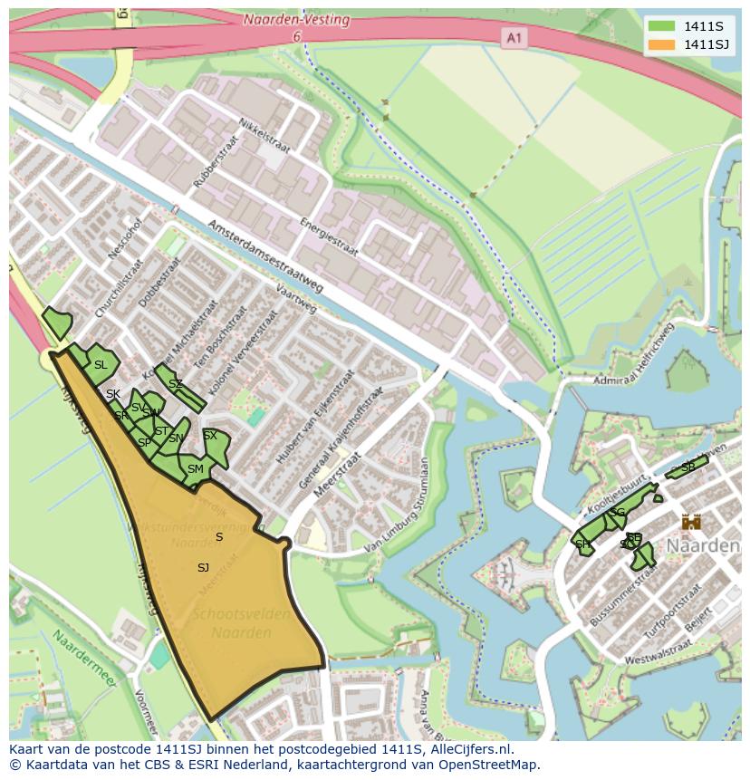 Afbeelding van het postcodegebied 1411 SJ op de kaart.