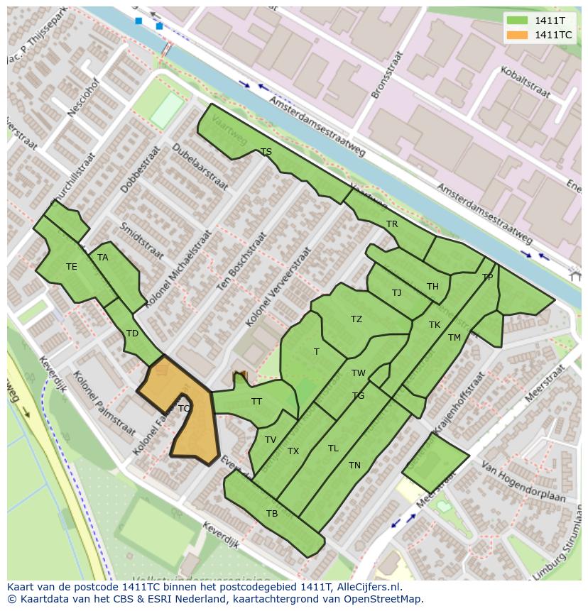 Afbeelding van het postcodegebied 1411 TC op de kaart.