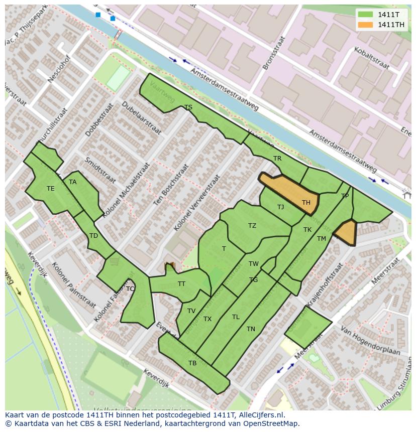 Afbeelding van het postcodegebied 1411 TH op de kaart.