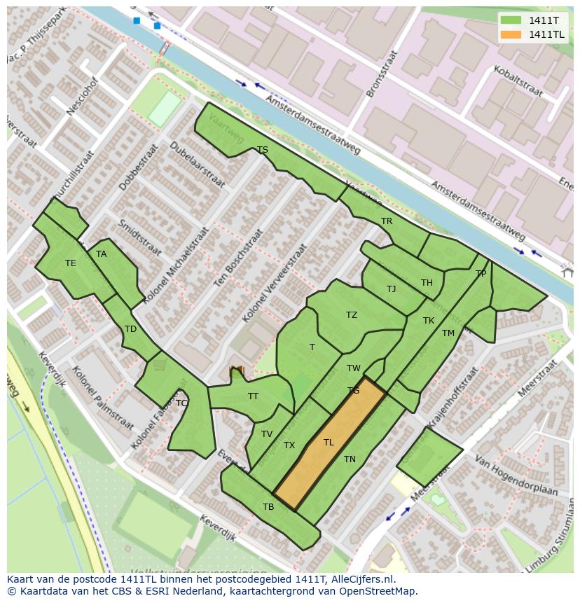 Afbeelding van het postcodegebied 1411 TL op de kaart.