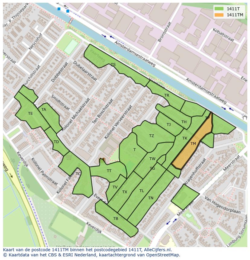 Afbeelding van het postcodegebied 1411 TM op de kaart.