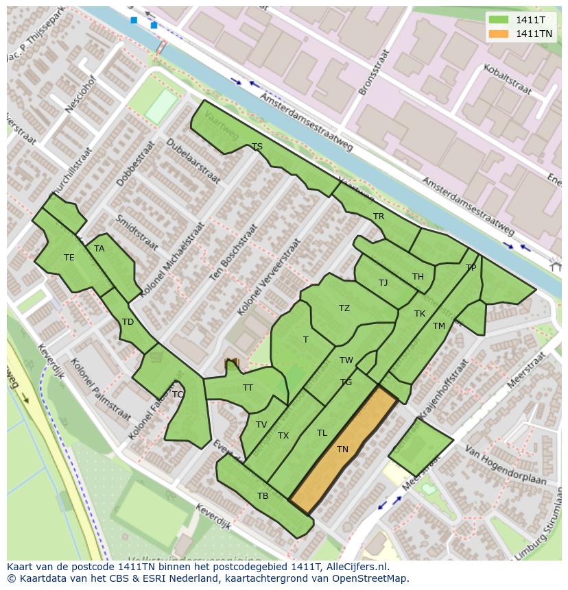 Afbeelding van het postcodegebied 1411 TN op de kaart.