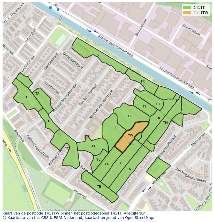 Afbeelding van het postcodegebied 1411 TW op de kaart.