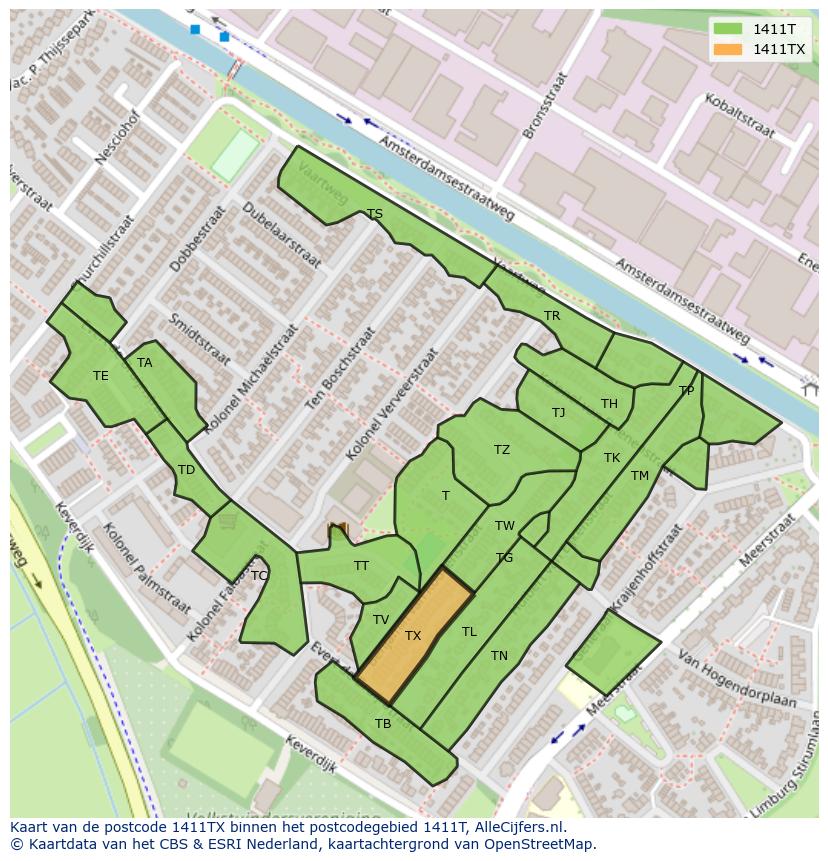 Afbeelding van het postcodegebied 1411 TX op de kaart.