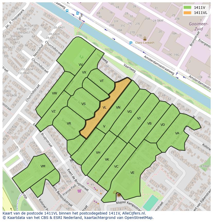 Afbeelding van het postcodegebied 1411 VL op de kaart.