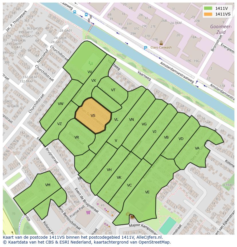 Afbeelding van het postcodegebied 1411 VS op de kaart.