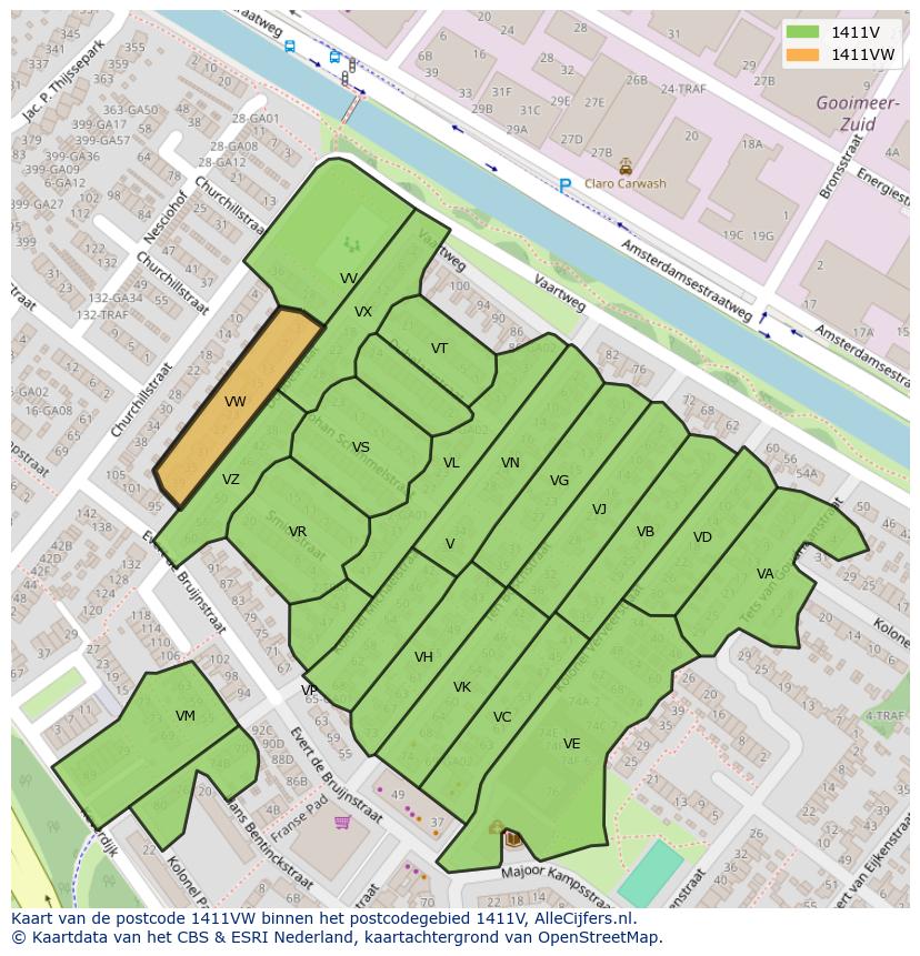 Afbeelding van het postcodegebied 1411 VW op de kaart.