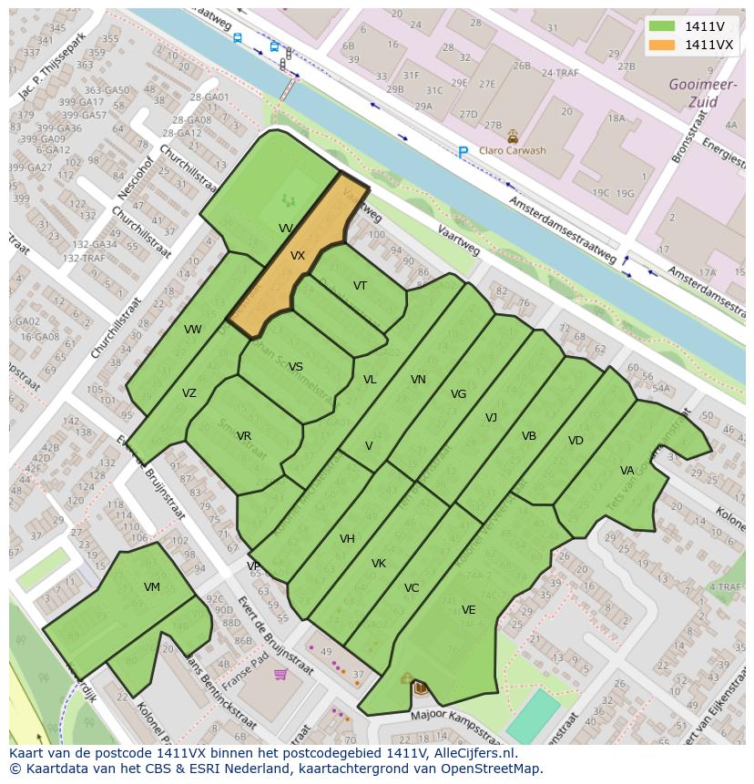 Afbeelding van het postcodegebied 1411 VX op de kaart.