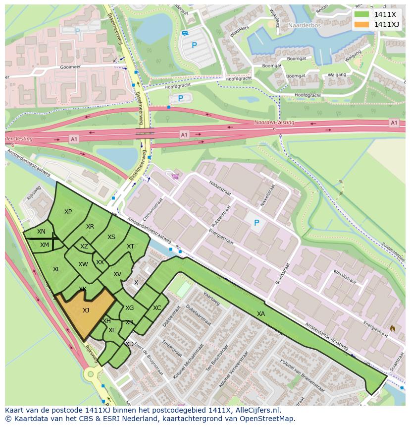 Afbeelding van het postcodegebied 1411 XJ op de kaart.
