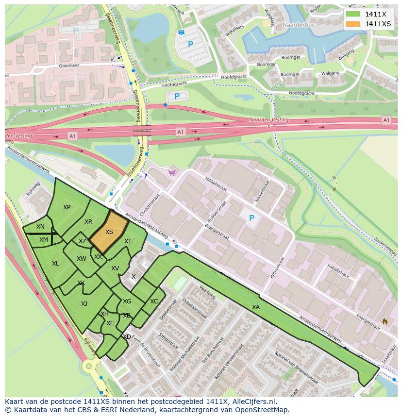 Afbeelding van het postcodegebied 1411 XS op de kaart.