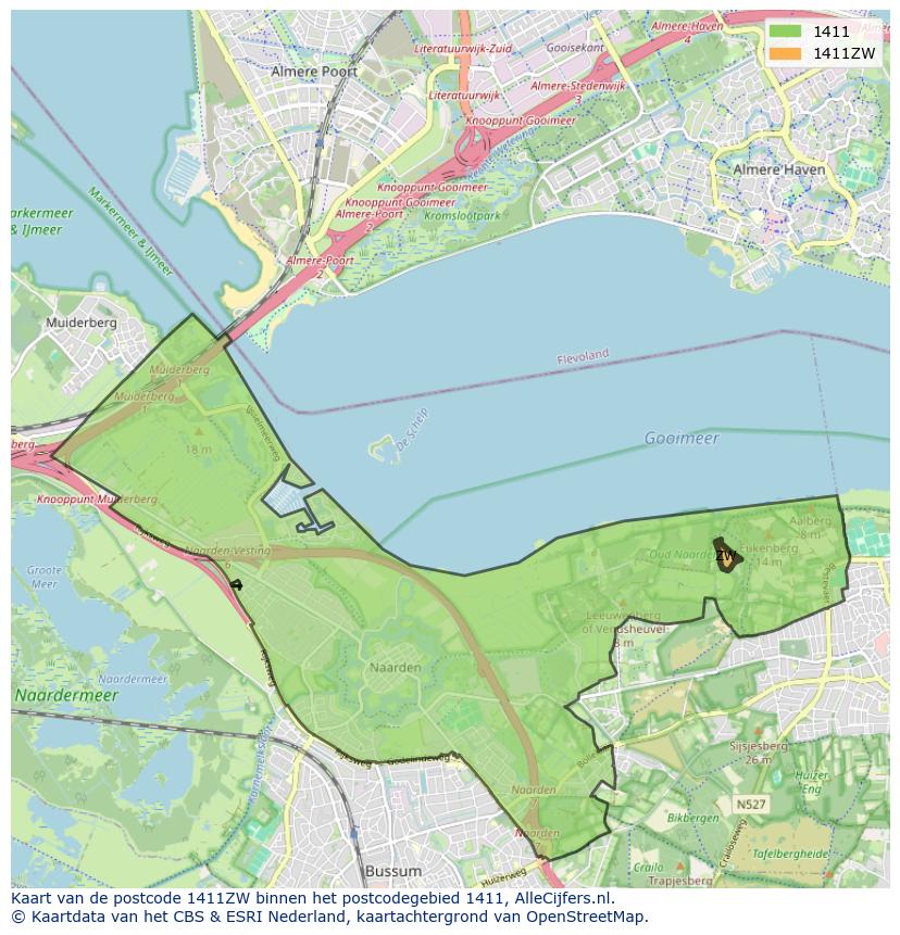 Afbeelding van het postcodegebied 1411 ZW op de kaart.