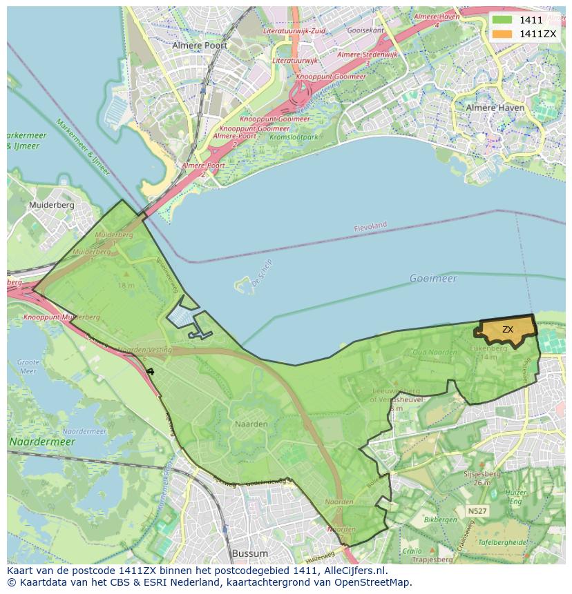 Afbeelding van het postcodegebied 1411 ZX op de kaart.