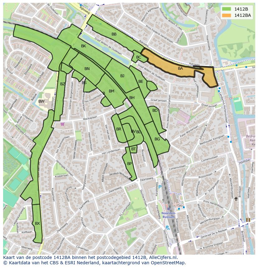 Afbeelding van het postcodegebied 1412 BA op de kaart.