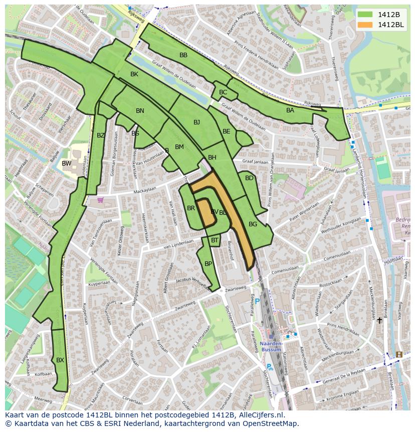 Afbeelding van het postcodegebied 1412 BL op de kaart.