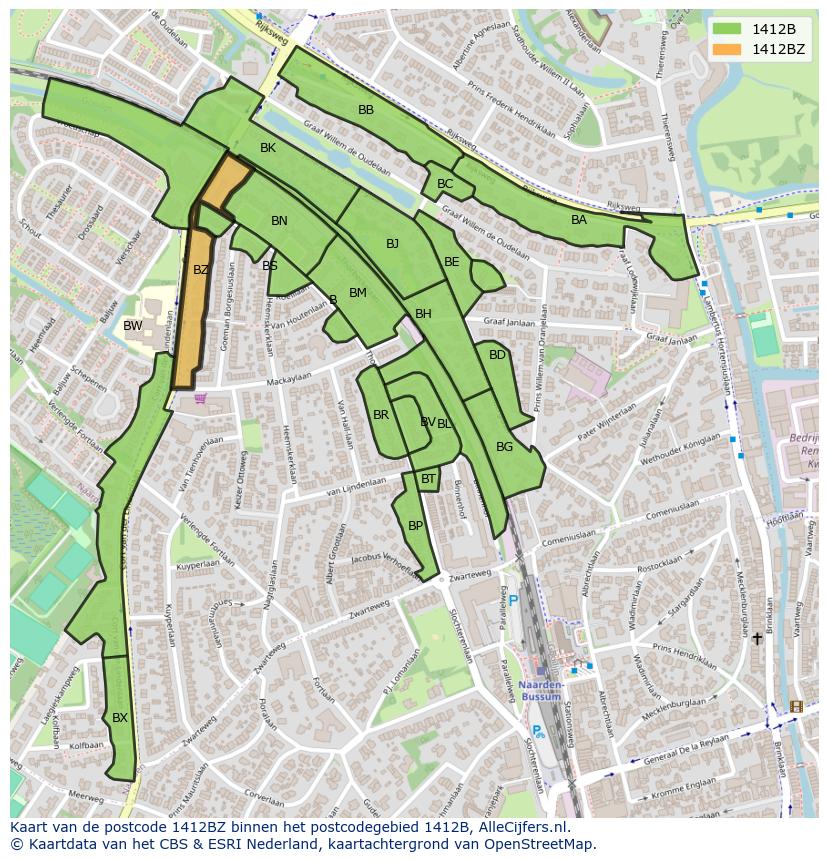 Afbeelding van het postcodegebied 1412 BZ op de kaart.