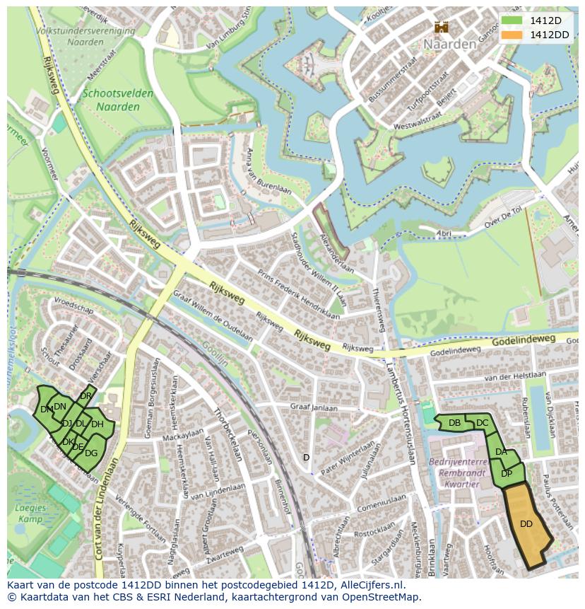Afbeelding van het postcodegebied 1412 DD op de kaart.