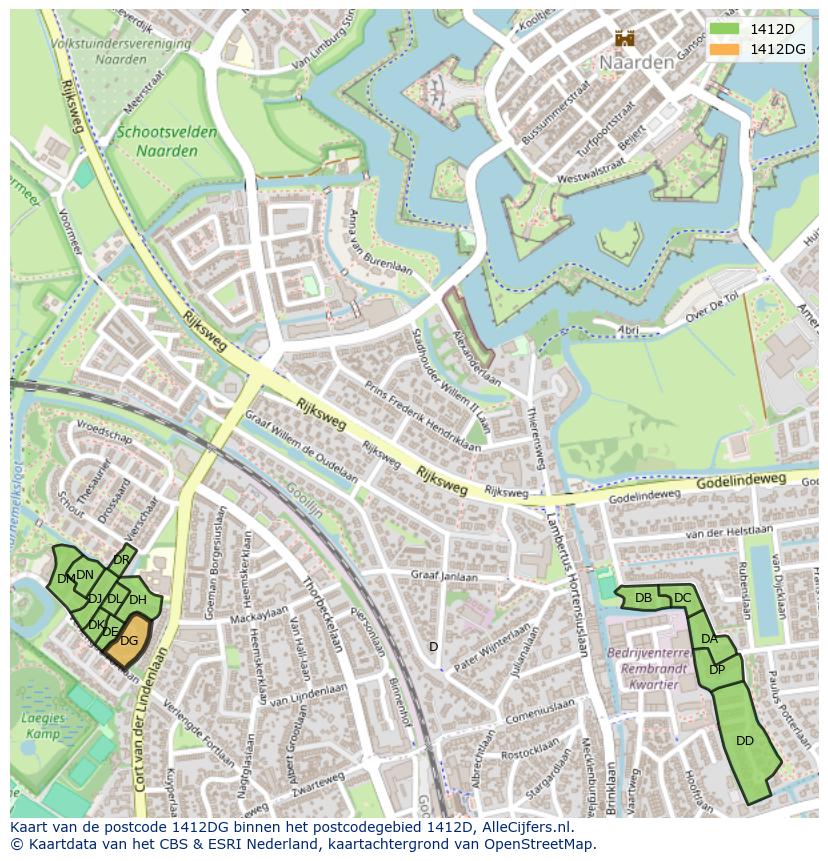 Afbeelding van het postcodegebied 1412 DG op de kaart.