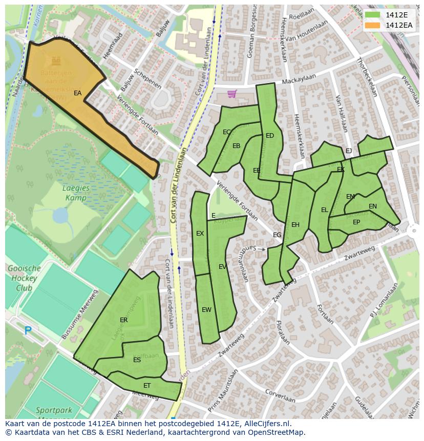 Afbeelding van het postcodegebied 1412 EA op de kaart.