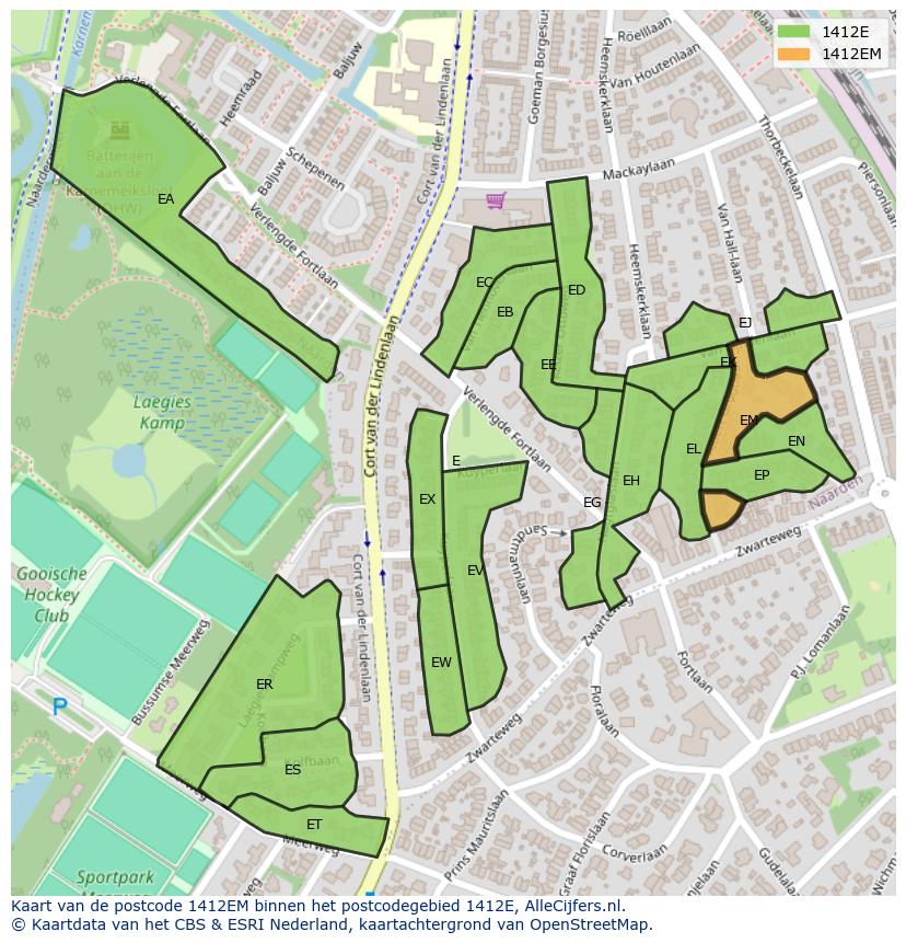 Afbeelding van het postcodegebied 1412 EM op de kaart.
