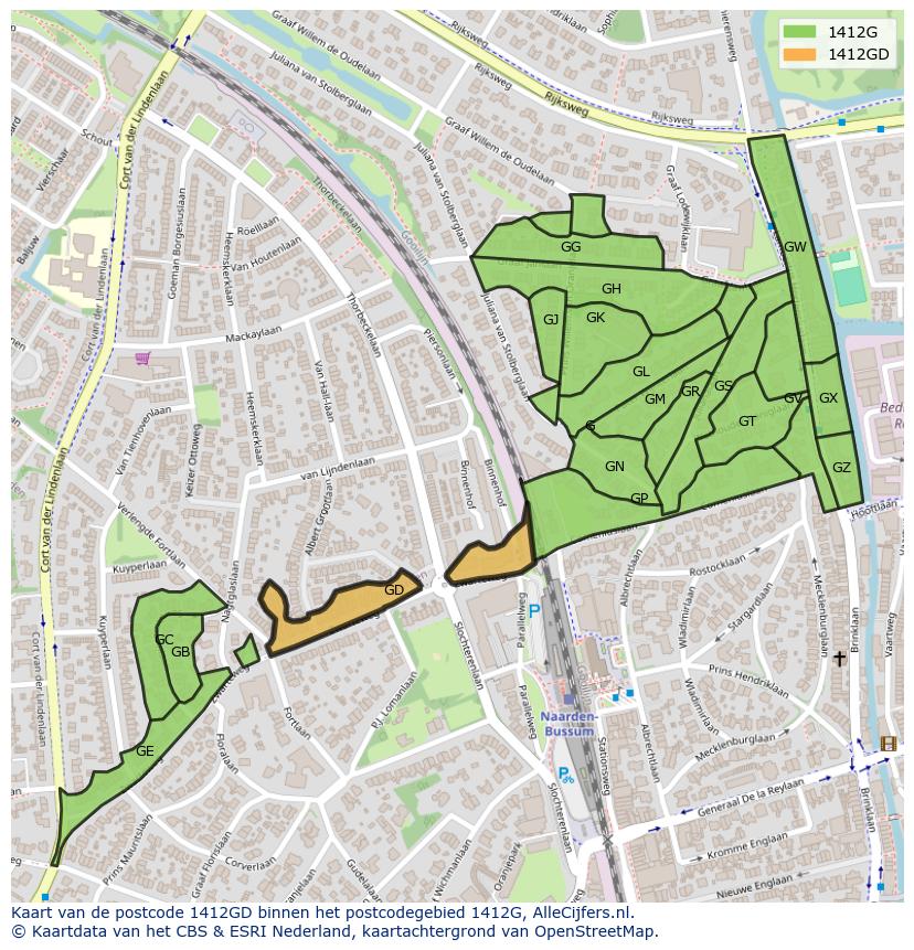 Afbeelding van het postcodegebied 1412 GD op de kaart.
