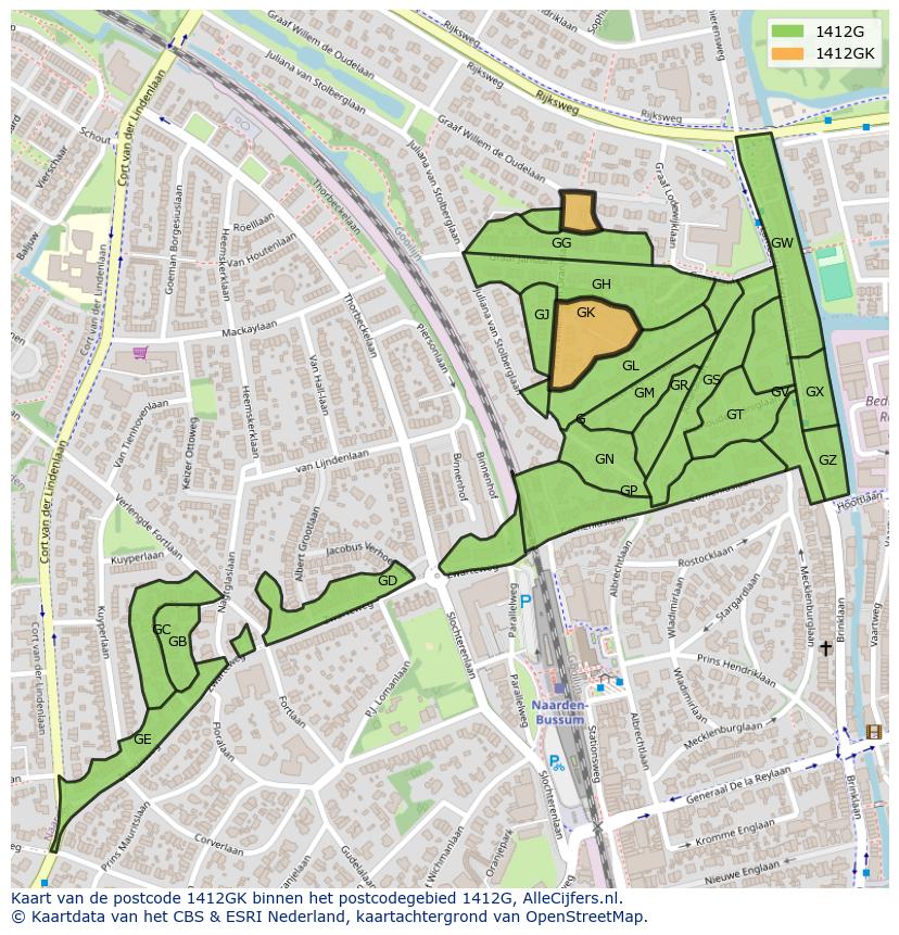 Afbeelding van het postcodegebied 1412 GK op de kaart.