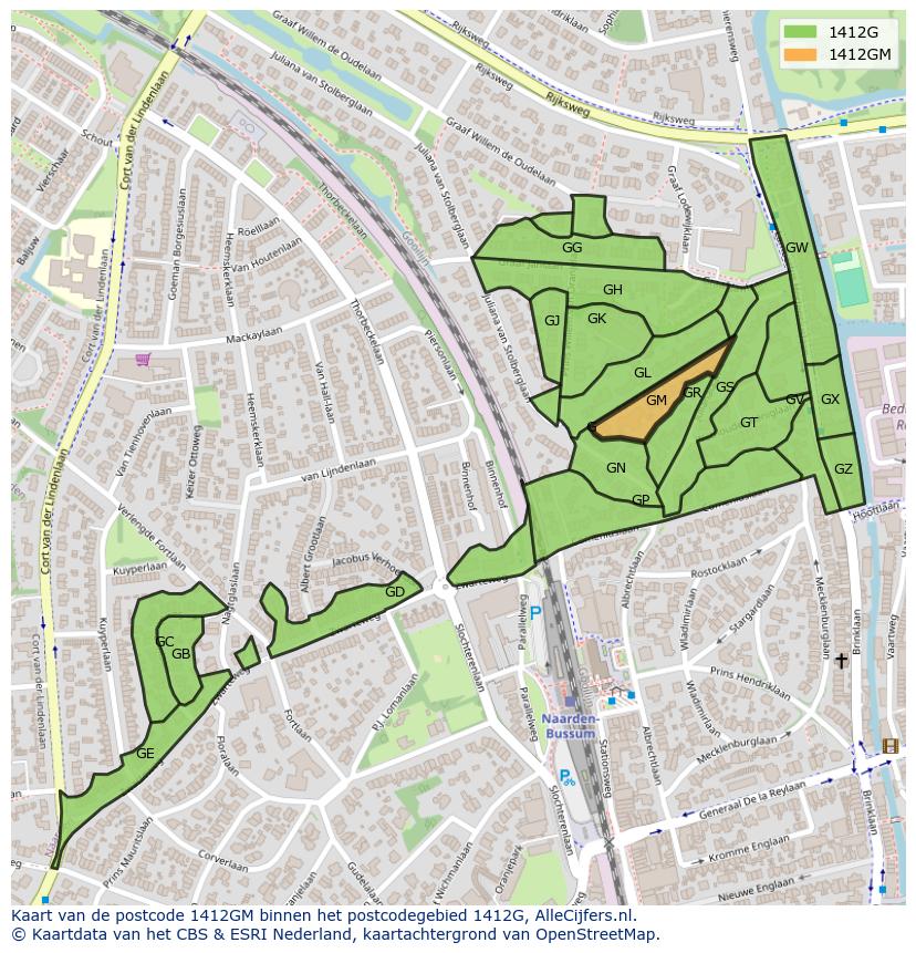 Afbeelding van het postcodegebied 1412 GM op de kaart.