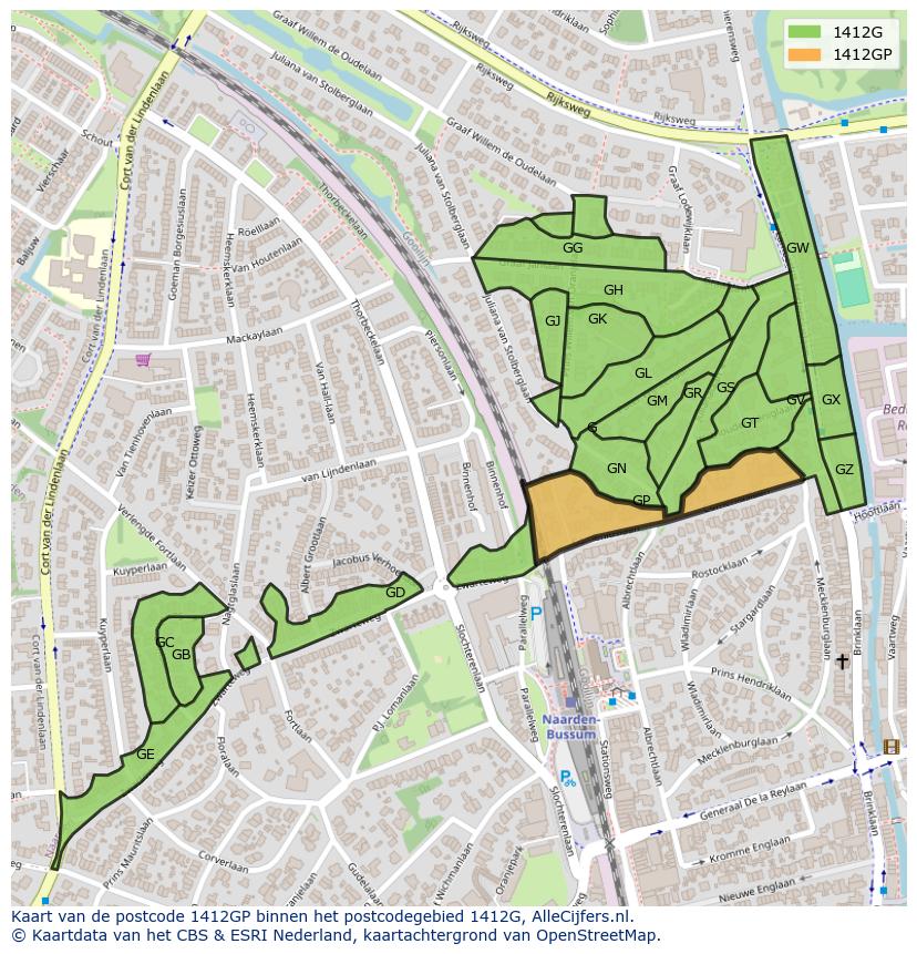 Afbeelding van het postcodegebied 1412 GP op de kaart.