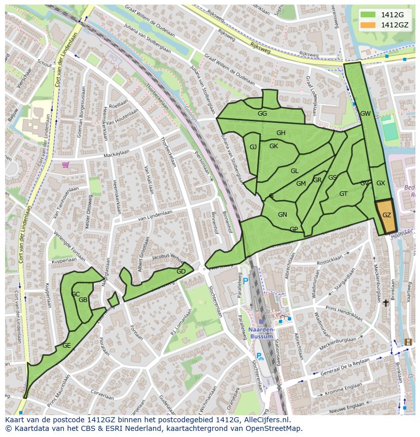 Afbeelding van het postcodegebied 1412 GZ op de kaart.