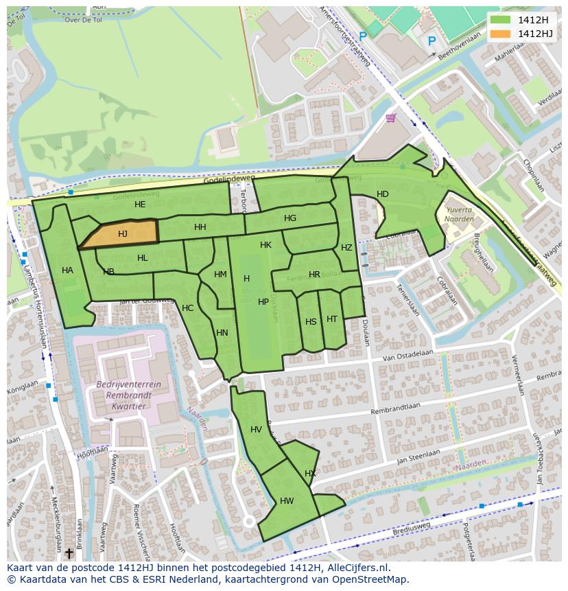 Afbeelding van het postcodegebied 1412 HJ op de kaart.