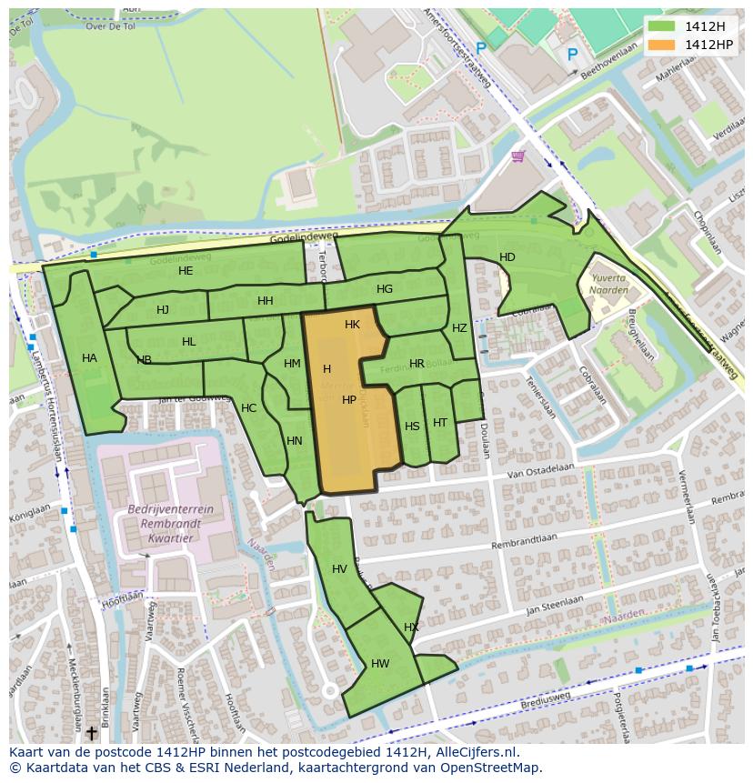 Afbeelding van het postcodegebied 1412 HP op de kaart.