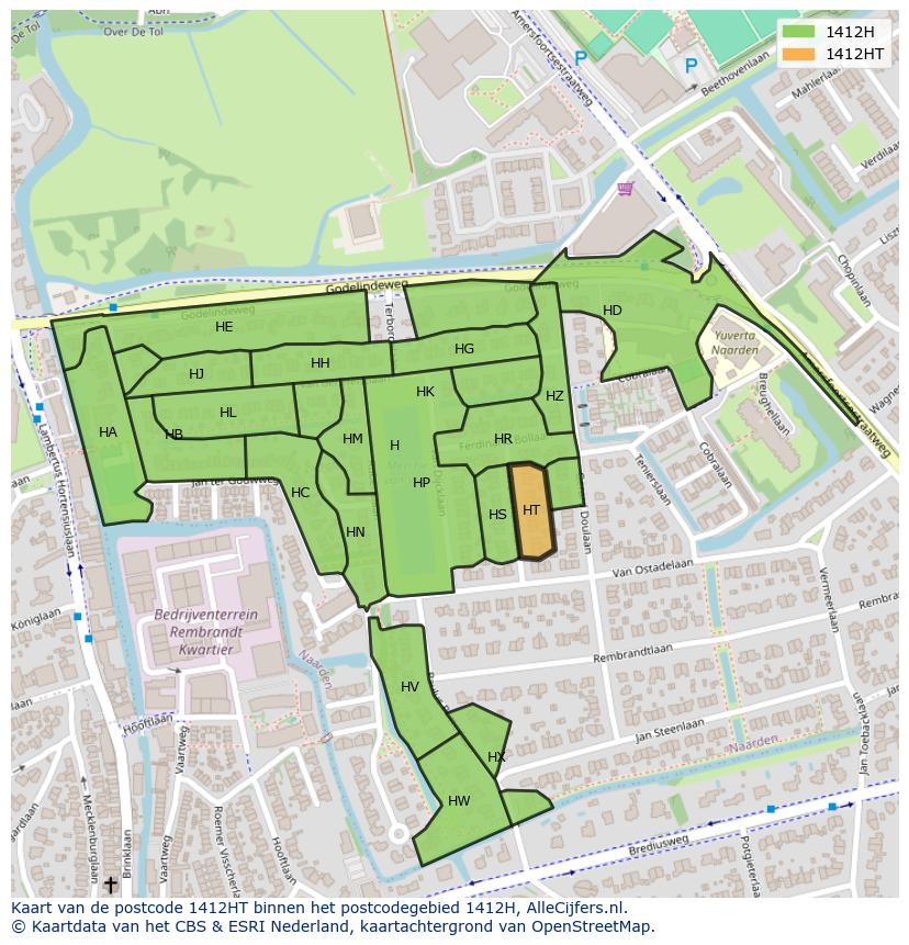 Afbeelding van het postcodegebied 1412 HT op de kaart.