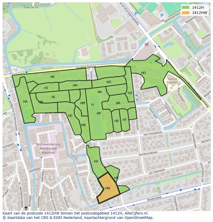 Afbeelding van het postcodegebied 1412 HW op de kaart.