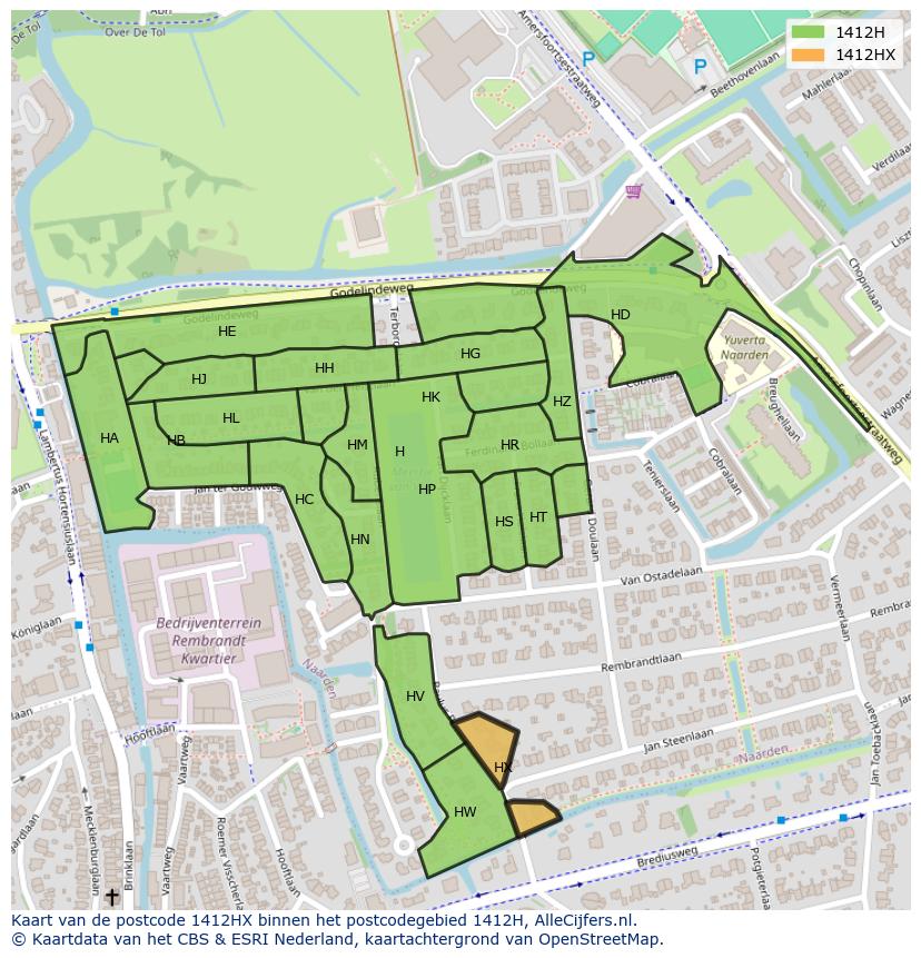 Afbeelding van het postcodegebied 1412 HX op de kaart.