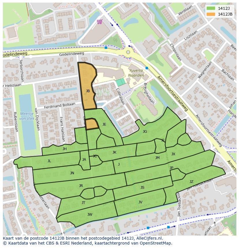 Afbeelding van het postcodegebied 1412 JB op de kaart.