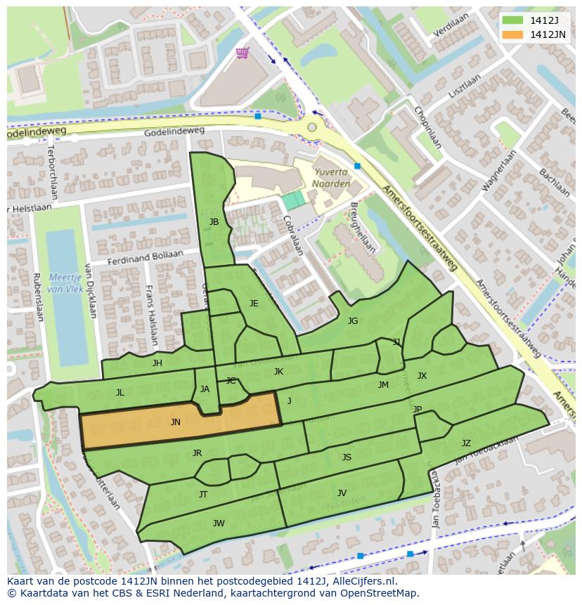 Afbeelding van het postcodegebied 1412 JN op de kaart.